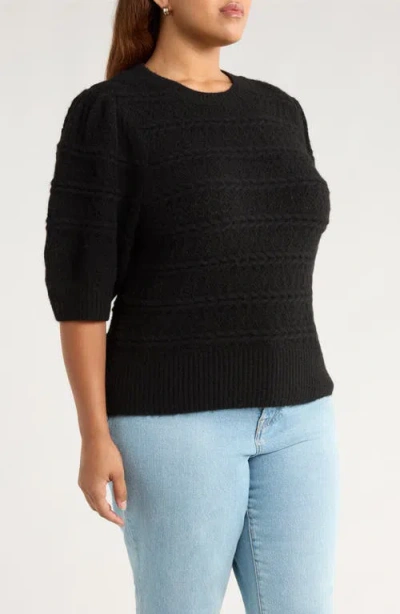 Treasure & Bond Puff Sleeve Cable Stitch Sweater In Black