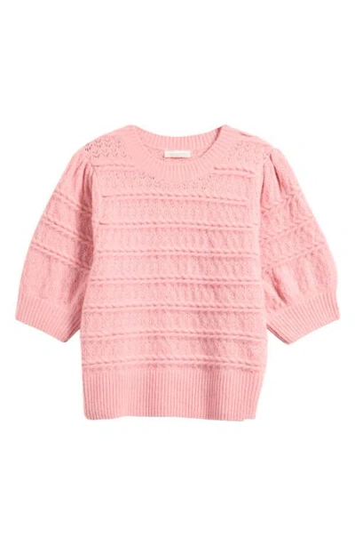 Treasure & Bond Puff Sleeve Cable Stitch Sweater In Pink