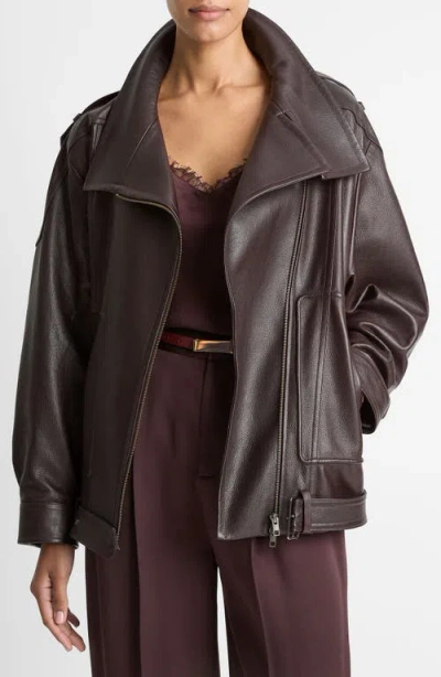 Vince Leather Oversized Biker Jacket Dk Fig In Brown