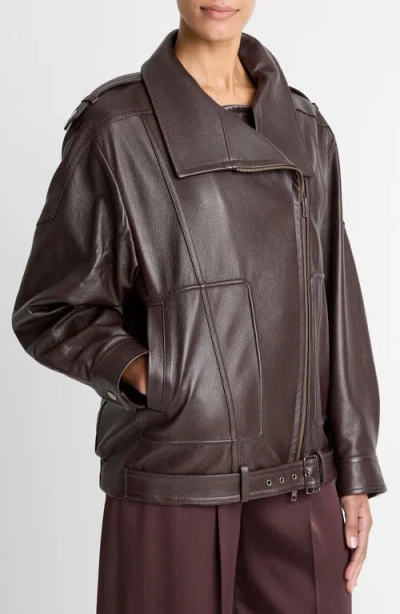Vince Leather Oversized Biker Jacket Dk Fig In Brown