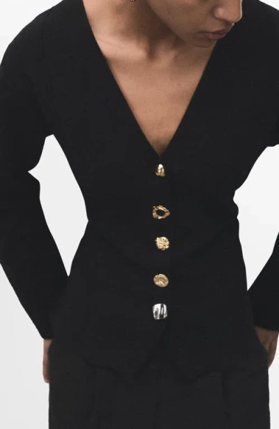 Mango Compact Knit Jacket With Statement Buttons In Black