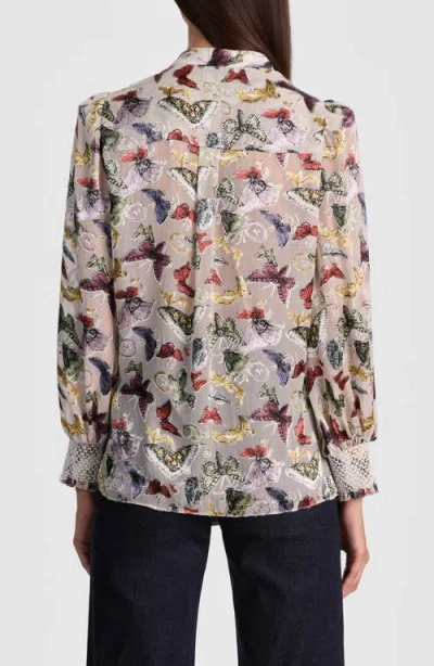 Alice And Olivia Sheila Blouson Sleeve Smocked Cuff Henley Top Spread Your Wings In Multi