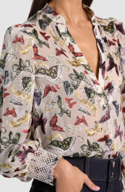 Alice And Olivia Sheila Blouson Sleeve Smocked Cuff Henley Top Spread Your Wings In Multi