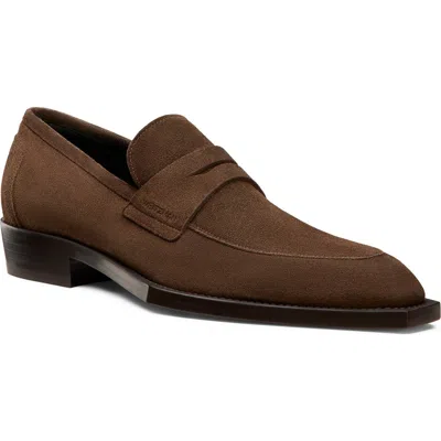 Stuart Weitzman Camillo Square Toe Suede Penny Loafer In Brown