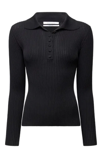 Another Tomorrow Ribbed Knit Polo In Black
