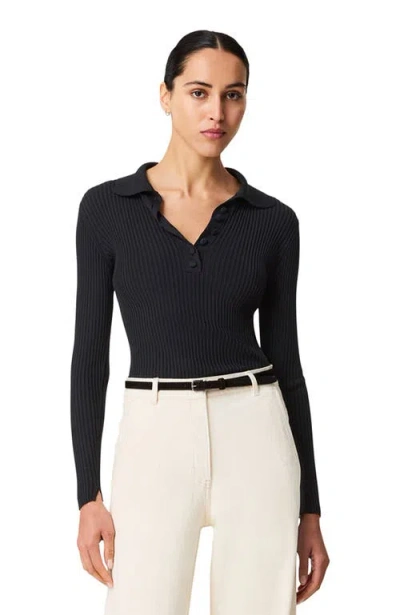 Another Tomorrow Ribbed Knit Polo In Black