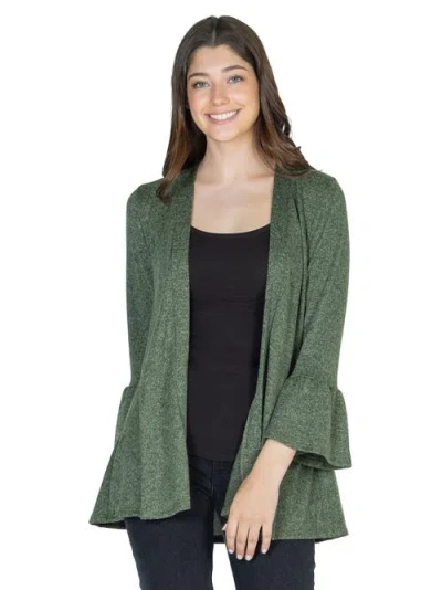 24seven Comfort Apparel Women's Three Quarter Bell Sleeve Open Cardigan Jacket In Green