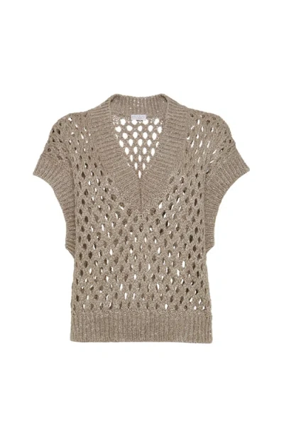 Brunello Cucinelli Women Beige Silk And Linen Dazzling Net Sweater In Brown