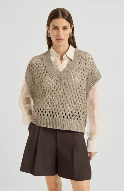 Brunello Cucinelli Women Beige Silk And Linen Dazzling Net Sweater In Brown