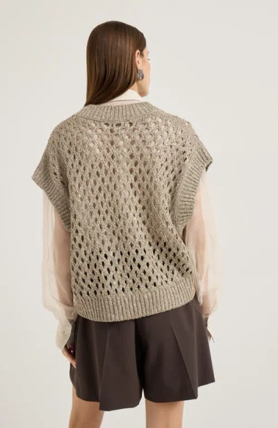 Brunello Cucinelli Women Beige Silk And Linen Dazzling Net Sweater In Brown