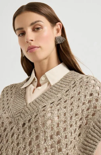 Brunello Cucinelli Women Beige Silk And Linen Dazzling Net Sweater In Brown