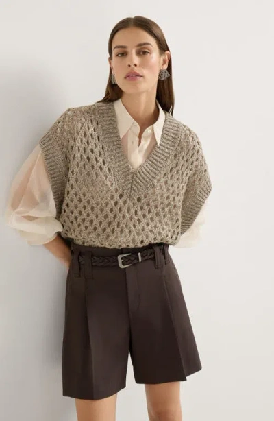 Brunello Cucinelli Women Beige Silk And Linen Dazzling Net Sweater In Brown