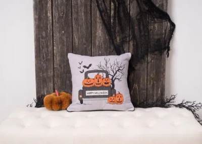 C & F Home C&f Home Halloween Pickup Truck Accent Throw Pillow, 18" X 18" With Light-up Led In Gray