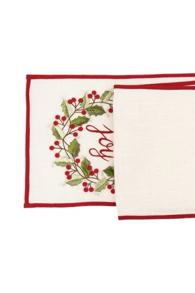 C & F Home C&f Home Embordered "joy" Sentiment W/ Holly Berry Wreath On Off White Background W/ Red Trim Cotton In Multi