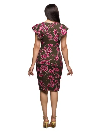 24seven Comfort Apparel Women's Brown And Pink Floral Flutter Sleeve Wrap Dress In Multi