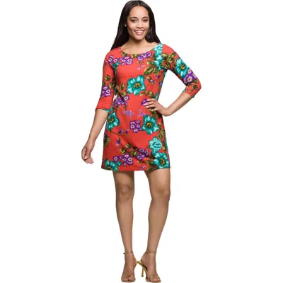 24seven Comfort Apparel Women's Orange Floral Print Three Quarter Sleeve A Line Knee Length Dress In Orange