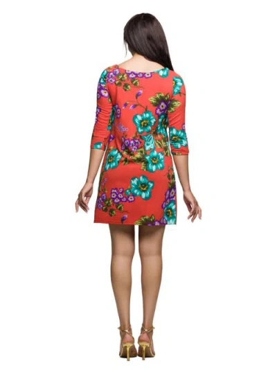 24seven Comfort Apparel Women's Orange Floral Print Three Quarter Sleeve A Line Knee Length Dress In Orange