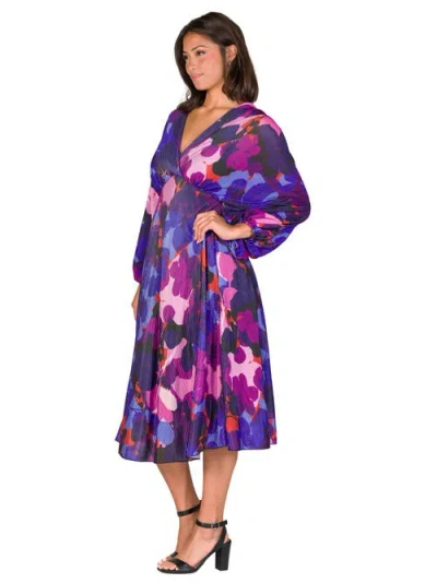 24seven Comfort Apparel Women's Pleated V Neck Empire Waist Midi Dress In Purple