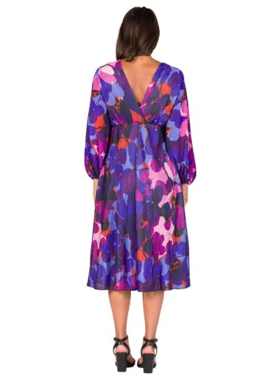 24seven Comfort Apparel Women's Pleated V Neck Empire Waist Midi Dress In Purple