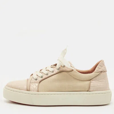 Pre-owned Christian Louboutin Cream/beige Canvas And Croc Embossed Leather Vieirissima Low Top Sneakers Size 38 In White