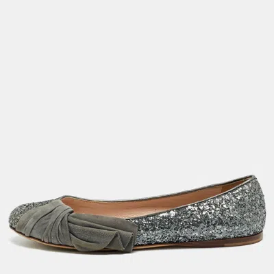 Pre-owned Miu Miu Silver Glitter And Suede Ballet Flats Size 37
