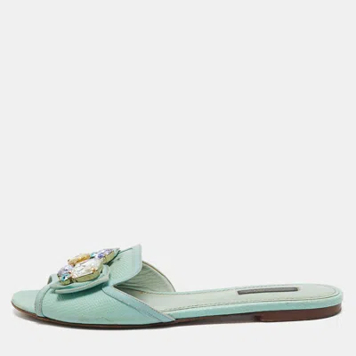 Pre-owned Dolce & Gabbana Blue Lizard Embossed Leather Crystal Embellished Bow Flat Slides Size Size 38.5