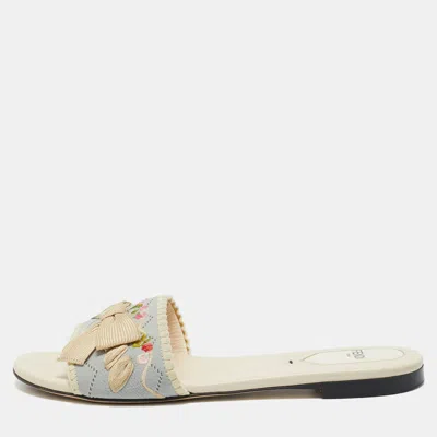Pre-owned Fendi Grey/cream Embroidered Knit Fabric Bow Embellished Flat Slides Size 37 In Gray