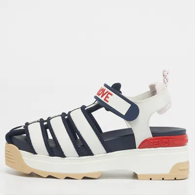 Pre-owned Fendi White/navy Blue Leather And Mesh T-rex Platform Sandals Size 36