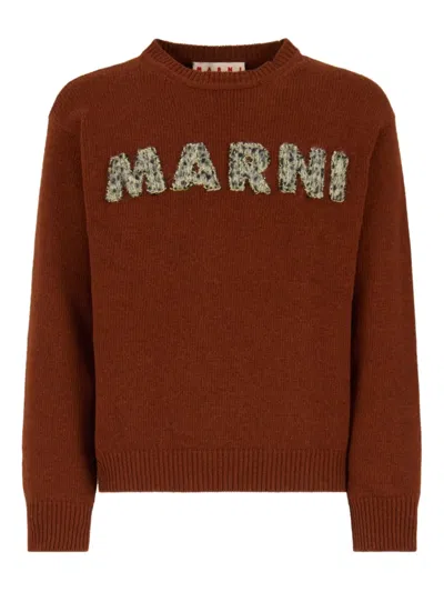 Marni Ribbed Cuff Long Sleeve Virgin Wool Sweater In Brown