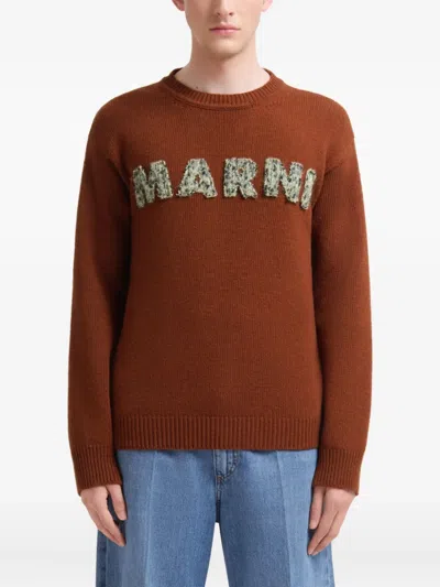 Marni Ribbed Cuff Long Sleeve Virgin Wool Sweater In Brown