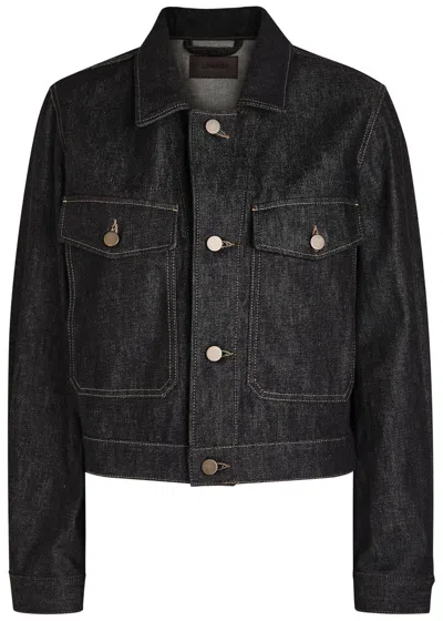 Lemaire Navy Cropped Blouson Denim Jacket In Gray