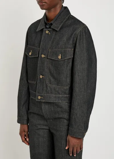 Lemaire Navy Cropped Blouson Denim Jacket In Gray