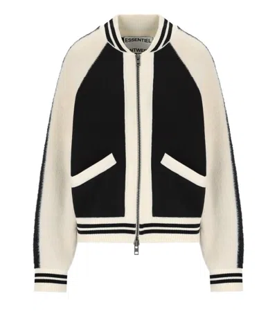 Essentiel Antwerp Black And White Faux Fur-panelled Knitted Bomber Jacket In Black
