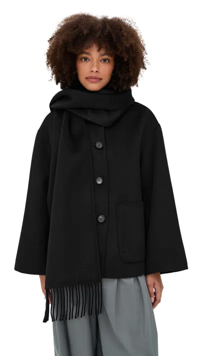 Meimeij Lana Wool Peacoat With Attached Scarf Black In Black