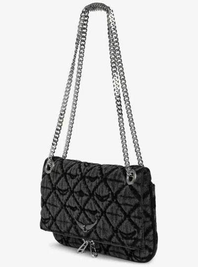 Zadig & Voltaire Rock Ii Diamond Quilted Monogram Denim Crossbody Bag In Black