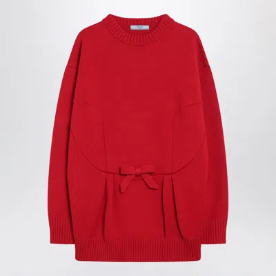 Prada Oversized Knit Sweater With Bow And Pleats In Red