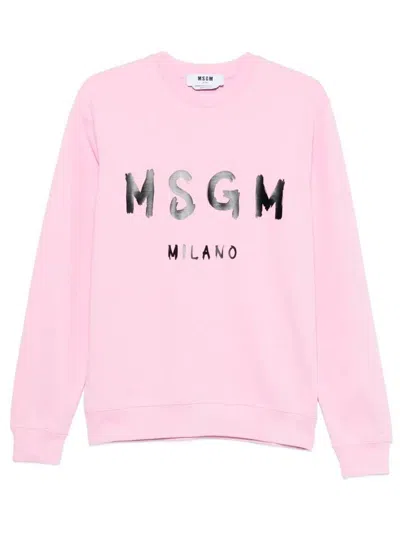 Msgm Logo Print Crewneck Cotton Sweatshirt In Pink