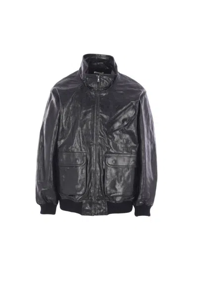 Auralee Black Lamb Leather Zip Blouson Jacket In Black