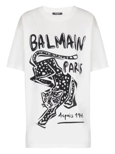 Balmain Short-sleeved T-shirt With Leopard Print In White