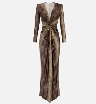 Elisabetta Franchi Draped Metallic Knee Length Dress With Sleeves In Brown