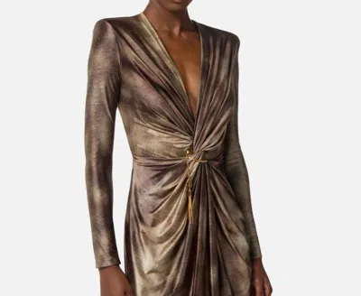 Elisabetta Franchi Draped Metallic Knee Length Dress With Sleeves In Brown