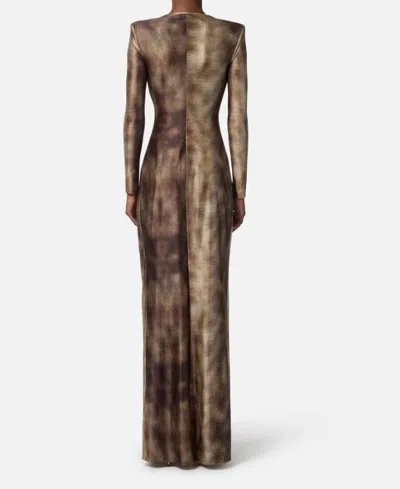 Elisabetta Franchi Draped Metallic Knee Length Dress With Sleeves In Brown