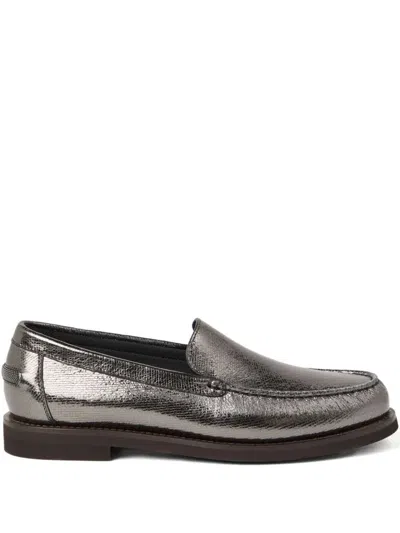 Brunello Cucinelli Metallic Finish Round Toe Loafers With Rubber Sole In Gray