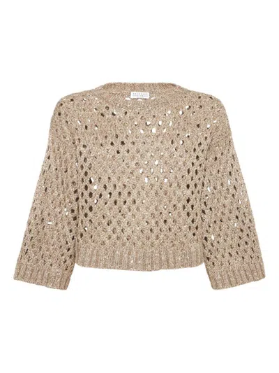 Brunello Cucinelli Cropped Open-knit Crewneck Sweater In Brown