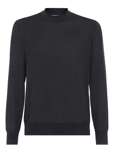 Brunello Cucinelli High Neck Long Sleeve Knit Sweater In Blue