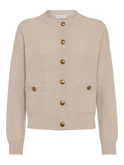 Brunello Cucinelli Virgin Wool-blend Crew Neck Cardigan In Neutral
