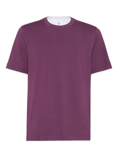 Brunello Cucinelli Cotton Jersey Crew Neck T-shirt With Faux-layering Clothing In Purple