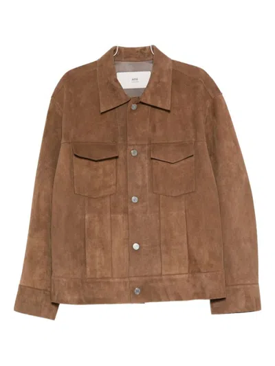 Ami Alexandre Mattiussi Suede Texture Jacket With Chest And Flap Pockets In Brown
