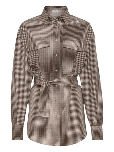 Brunello Cucinelli Women Wool Checked Shirt In Brown
