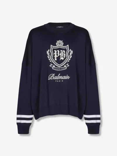 Balmain College Emblem Knit Jumper In Blue